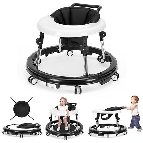 Baby Walker Foldable with 9 Adjustable Heights, Baby Walker with Wheels Portable, Infant Toddler Walker for Baby Boy Girls 6-18 Months (Black)