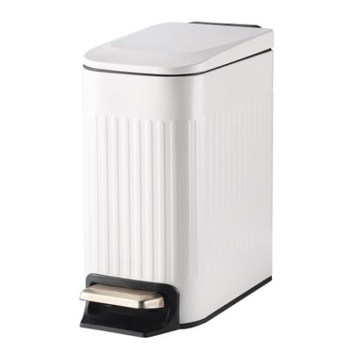 Slim Bathroom Trash Can with Soft Close Lid Stainless Steel Garbage Can Step Trash Bin with Removable Inner Bucket for Bedroom, Office, Kitchen (Matt White, 1.8 Gallons)