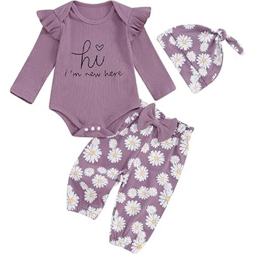 Twopumpkin Newborn Baby Girl Clothes Outfits Rib Knit Bodysuit Romper Floral Pants Headband Hat Coming Home Outfit