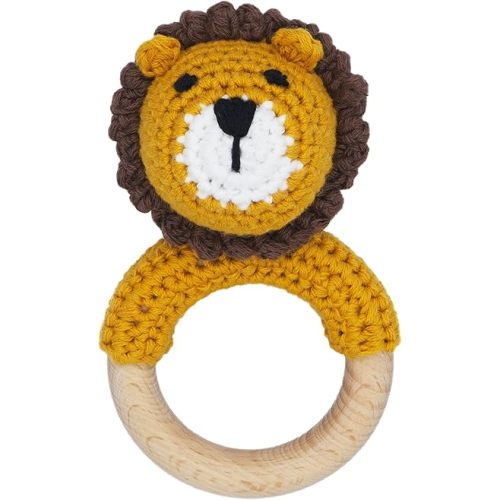 Woodland Friends Baby Rattle Shaker Toy with Wooden Teething Ring for Infants 3 6 9 12 Months Crochet Lion