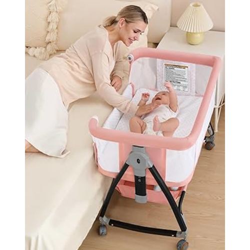 Bedside Bassinet for Baby, 3 in 1 Breathable Mesh Baby Bassinet, 6 Height Adjustable, Easy to Assemble, Bassinet Bedside Sleeper with Wheels, Mosquito Net, Storage Basket, Bassinets for Newborn Baby