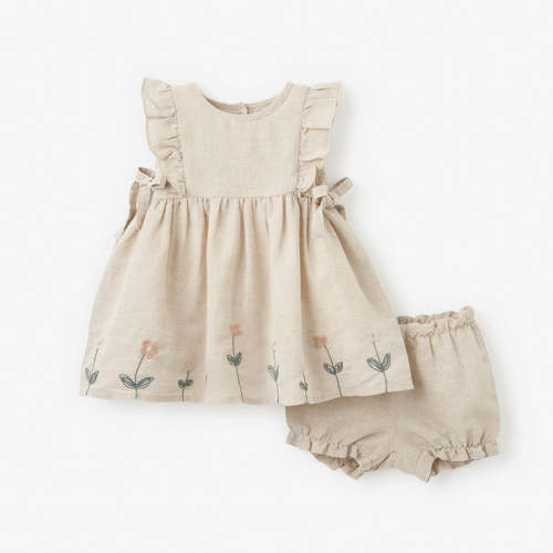 Natural Linen Floral Embroidered Dress w/ Bloomer FLAXSEED / 6-9M