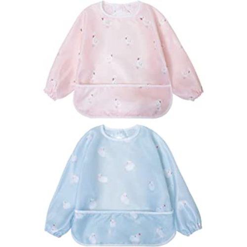 Little Dimsum Mess-Proof Baby Bibs|Infant Toddler Long Sleeve Waterproof Feeding Art Smock|Catching Food & Wipe Clean| Pack of 2 Colors Duck&sheep
