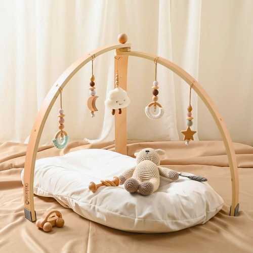 Wooden Baby Play Gym, Foldable Infant Activity Gym with Hanging Toys, Minimalist Nursery