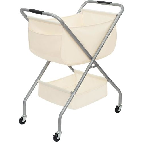 STORAGE MANIAC Collapsible Laundry Cart with Wheels 31.5"H Rolling Laundry Hamper Clothes Basket with Wheels, Canvas Liner Sturdy Steel Frame Folding for Small Narrow Space Easy Storage, Beige
