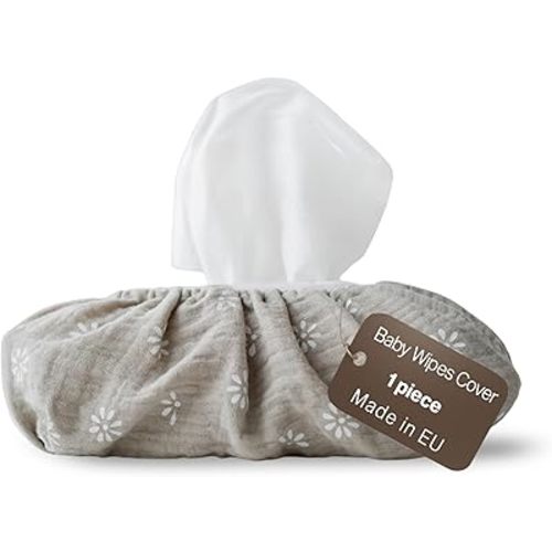 Baby Wipes Cover – Universal Size, One Size Fits All Wipes Packages | Muslin Cotton Tissue Cover for Nursery, Diaper Bag & Changing Table, Station | Gingham & Neutral Patterns (Beige Daisy)