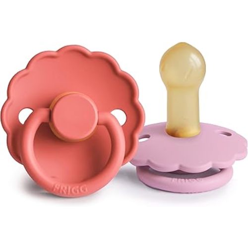 FRIGG Daisy Natural Rubber Baby Pacifier | Made in Denmark | BPA-Free (Poppy/Lupine, Size 2) 2-Pack