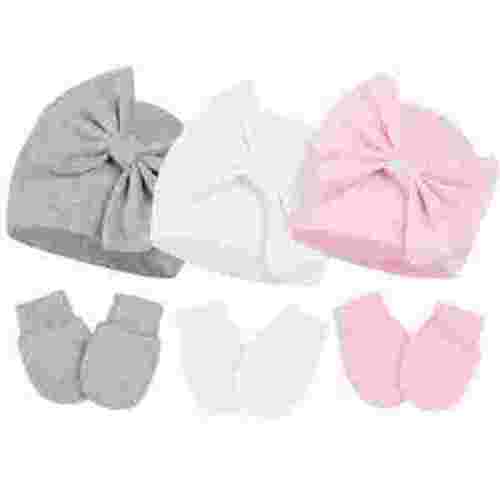 Zando 3Pcs Infant Hat and Gloves Set Soft Newborn Hats for Girls Knit Baby Hats with Bow No Scratch Mittens 0-3 Months