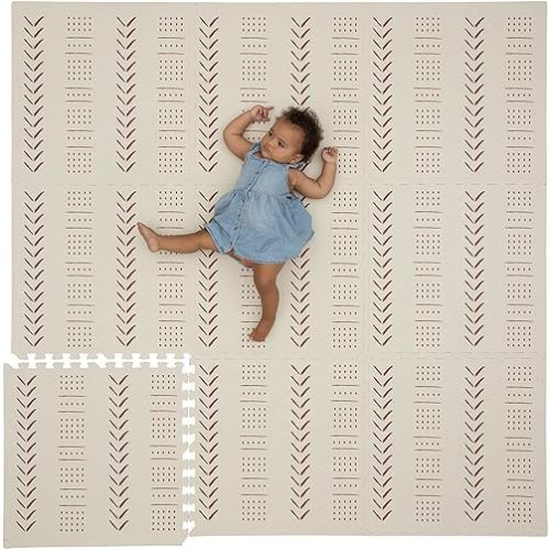CHILDLIKE BEHAVIOR XXL Baby Play Mats, 72”x72” Puzzle with 9 Foam Tiles, Crawling Mat with Interlocking Tiles, 24”x24” Puzzle Mat Pieces, Neutral Playmat for Toddlers & Infants Play Pen - Beige