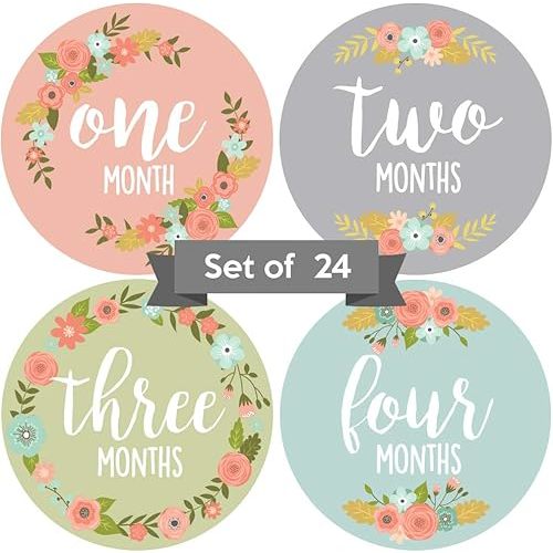 Baby Monthly Stickers | Floral Baby Milestone Stickers | Newborn Girl Stickers | Month Stickers for Baby Girl | Baby Girl Stickers | Newborn Monthly Milestone Stickers (Set of 24)