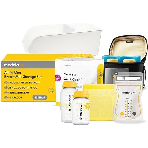Medela All-in-One Breast Milk Storage Set with 150 ml & 250 ml Bottles, Easy Pour & Reusable Bags, Quick Clean Microwave Bag, Organizer Tray and Cooler with Contoured Ice Pack