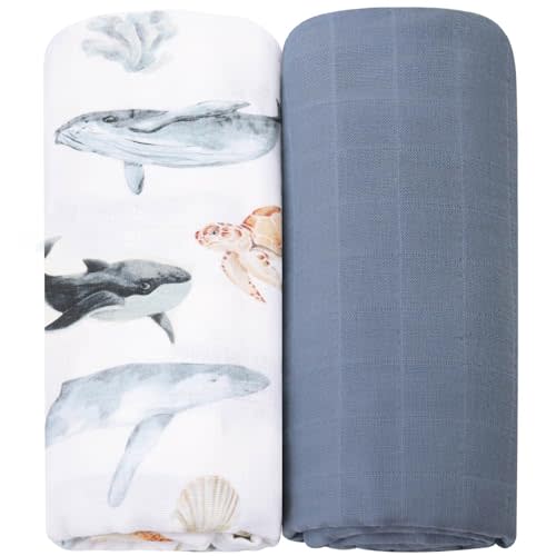 LifeTree Muslin Swaddle Blankets, Baby Swaddling Blanket for Boys Girls Neutral, Super Soft 100% Organic Cotton, Large 47" x 47", Sea Animals Whale & Solid Color, Newborn Baby Registry