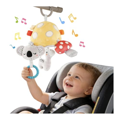 Musical Baby Pull Vibration Toy for Car Seat 6-12 Months, Travel Sensory Toy 3 Months, Montessori Plush Toys for Roadtrip with Crinkle Textures Flutter Squeaky Mirror Newborn Infant Gift