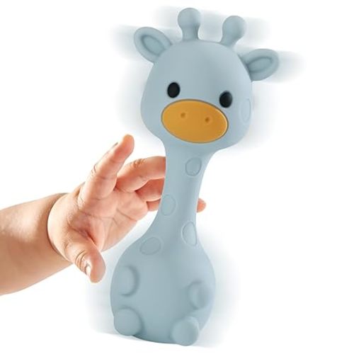Giraffe Silicone Baby Teether Rattle Toy for 0-6 6-12 Months, BPA-Free Infant Teething Toy with Rattle Sound, Easy-Grip Design for Teething Relief (Dusty Blue)