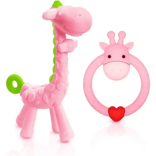 SHARE&CARE BPA Free Silicone Giraffe Baby Teether Toy with Storage Case, for 3 Months Above Infant Sore Gums Pain Relief and Baby Shower, Baby Teething Toys (Pink)