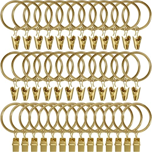 WeeksEight 40 Pack Gold Curtain Rings with Clips, Curtain Hooks Hangers Clip Rings for Hanging Drapes Bows Hat, Drapery Rings 1.5 in I D, Fits up to 1.2 in Diameter Curtain Rod.