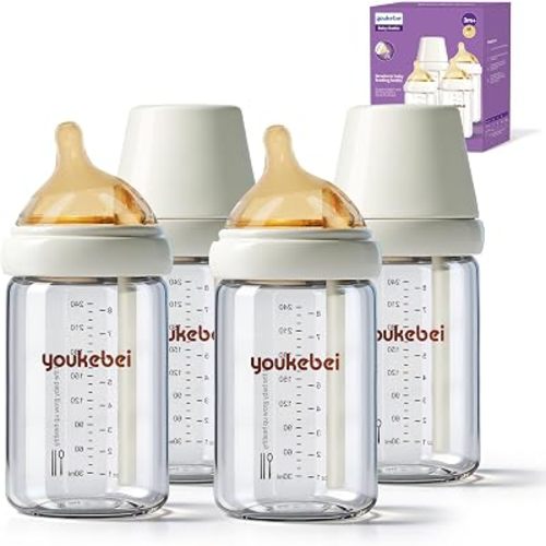 Natural Glass Baby Bottle 8 oz for Breastfed Babies, Anti-Colic Baby Bottle Set with Medium Flow Nipple(M), 3 Months +, 4 Pack