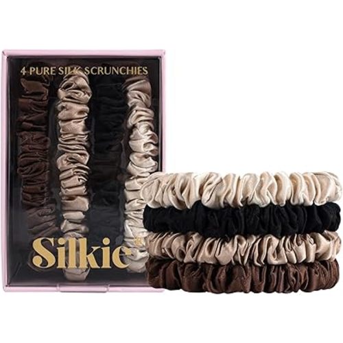 SILKIE x4 Set - Forget Satin - 100% Pure Mulberry Silk Black Brown Skinny Scrunchies Travel Pouch Everyday Hair Ties Elastics Hair Care Ponytail Holder No Damage (Chocolate)