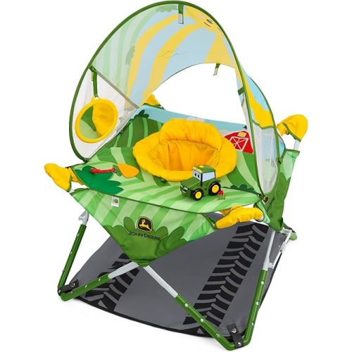 Bright Starts John Deere Pop 'N Jump Portable Baby Jumper, Foldable Indoor/Outdoor Baby Jumper with Sensory Activities, Ages 6–12 Months