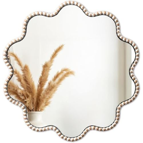 SUMGAR Wall Mirror Decor Boho Farmhouse White Round Circle Flower Wavy Wood Framed Mirror Decorative for Entryway Bathroom Bedroom Living Room Beauty Aesthetic 15×15 Inch HD Glass