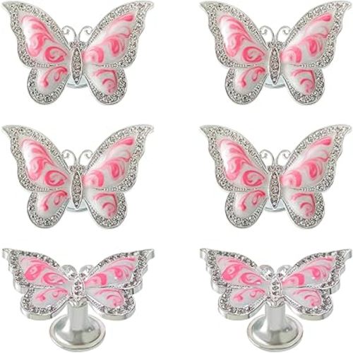 Butterfly Cabinet Knobs,6 Pieces Butterfly Knobs Single Hole Pulls Handles Decorative Door Cabinet Drawer Cupboard Furniture Door Wardrobe (Pink)