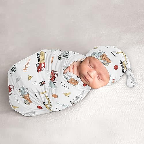 Sweet Jojo Designs Construction Truck Baby Boy Cocoon and Beanie Hat Set Jersey Stretch Knit Sleeping Bag Infant Newborn Nursery Sleep Wrap Sack - Grey Yellow Orange Red and Blue Transportation
