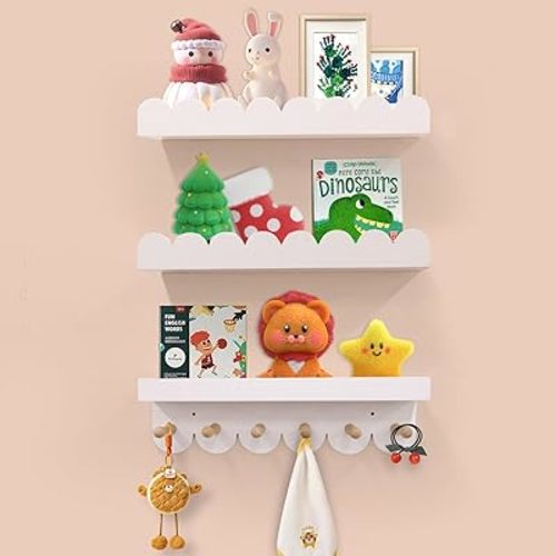 Floating Nursery Book Shelves for Wall, 16'' Wood Book Shelf for Baby Boys Girls Bedroom Bathroom and Décor Storage, Wall Shelf for Books, Plants, Toys, Photo Frames (White-Wooden Pegs, 3 Pack)