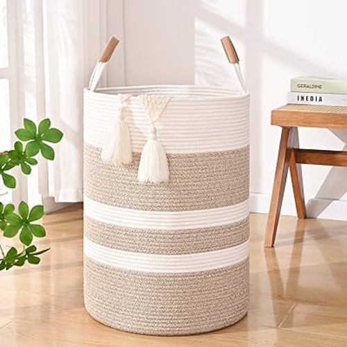60L Striped Laundry Basket, Brown Laundry Hamper with Leather Handles, Woven Cotton Rope Storage Bin for Blankets, Nursery Hamper for Clothes, Toys In Bathroom, Livingroom, Bedroom