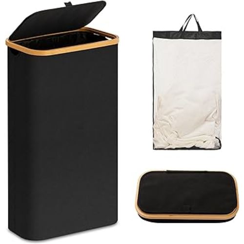 UBBCARE Laundry Hamper with Lid, 60L Slim Laundry Hamper with Removable Bag, Collapsible Dirty Clothes Basket for Bedroom, Bathroom, Laundry Room, Dorm, Black