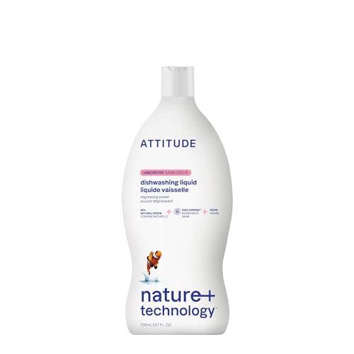 ATTITUDE Dishwashing Liquid, EWG Verified, Vegan Dish Soap, Plant Based, Naturally Derived Products, Unscented, 23.7 Fl Oz
