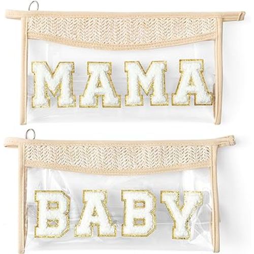 Boho Patch GLAM Makeup Bag Clear Toiletry Bag Varsity Letter Travel Cosmetic Bag beige Transparent Waterproof Snacks Bag Cute Zipper Makeup Pouch for Women Girls (MAMA&BABY Set)