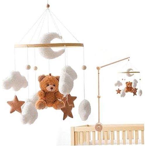 Baby Crib Mobile 360° Rotated Hanging Nursery Mobile, Cute Brown Bear Plush Ceiling Mobile with Clouds, Pentagram & Bells, 17.7x9" Crib Mobile for Kids Room