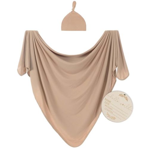 Large Jersey Knitted Swaddle Blanket for Baby, Soft Stretchy Receiving Blanket for Newborns with Hat, Baby Nursery Swaddle 47 x 47 inches(Muted Fawn)