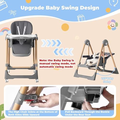 5-in-1 Baby High Chair, High Chairs for Babies and Toddlers, Baby Swings for Infants with Detachable Tray, Adjustable Backrest & Height & Footrest, Portable & Foldable & Lightweight - a-grey