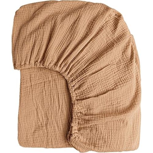 Konssy Muslin Fitted Crib Sheets 100% Cotton Baby Crib Sheets for Standard Crib Mattress (28 X 52 Inches), Soft and Breathable for Boy, Girl (Camel)