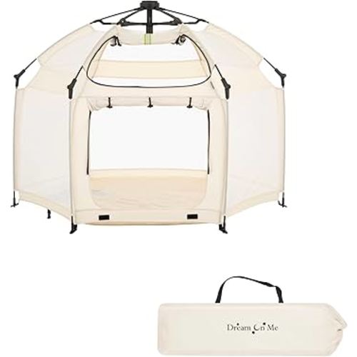 Dream On Me Pop Up Children Playpen in French White, Easy Set Up for Babies and Toddlers, Breathable Mesh Sides, One Hand Easy Fold, Travel Bag Included