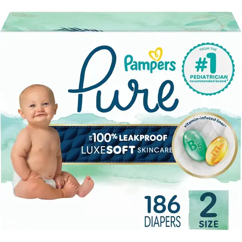 Pampers Pure Protection Baby Diapers, Size 2 (12-18 lbs), 186 Count, Up to 100% Leakproof, Premium Plant-Based Skin Protection, Hypoallergenic Soft Diapers