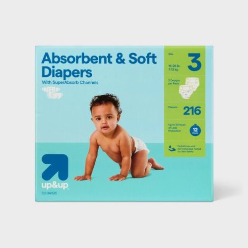 Disposable Diapers - Size 3 - 216ct - up&up™: 16 to 28 Lbs, Absorption Channels, Wetness Indicator, Hypoallergenic