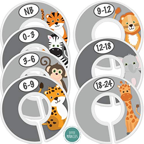 Baby Closet Size Dividers - 7X Safari Nursery Closet Dividers for Baby Clothes - Elephant Giraffe Zebra Lion Monkey Nursery Decor - Baby Closet Dividers for Boy or Girl - [Safari] [Grey/Gray]