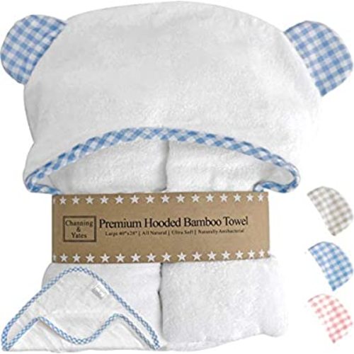 Channing & Yates - Premium Hooded Baby Towels and Washcloth Set - Organic Bamboo Baby Towel with Hood… (Blue)