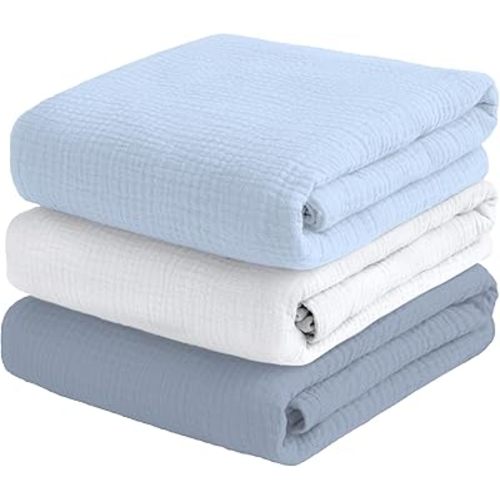 Muslin Swaddle Blankets for Baby Boy - 3 Pack 47x47 Inch Large Receiving Blankets, Soft Breathable Cotton Nursery Swaddles for Newborn, Infant & Todler (Blue, White, Dusty Blue)