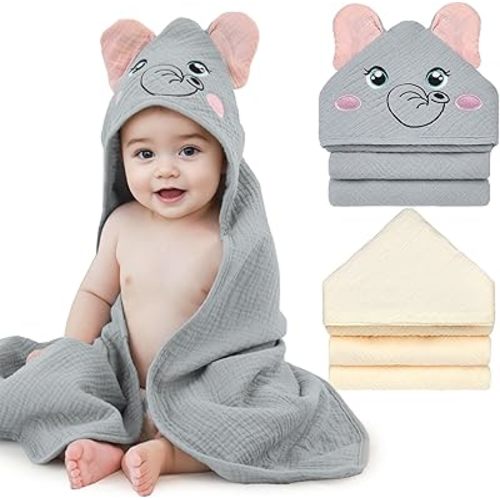 Unicorn Castle Hooded Baby Towels 2Pack 100% Muslin Baby Bath Towels for Newborn Animal Design Ultra-Soft Baby Girl Boy Bath Essentials 30 X 30 Inch,Gray Elephant- Beige