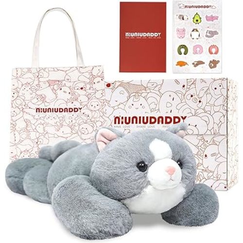 NiuniuDaddy 23.6" | 5 Pounds Grey Cat Weighted Stuffed Animals, Cute Weighted Plush Pillow Comfort Big Large Weighted Pillow Plushies Gifts for Kids & Adults, Include Bag, Stickers, Card on Valentine
