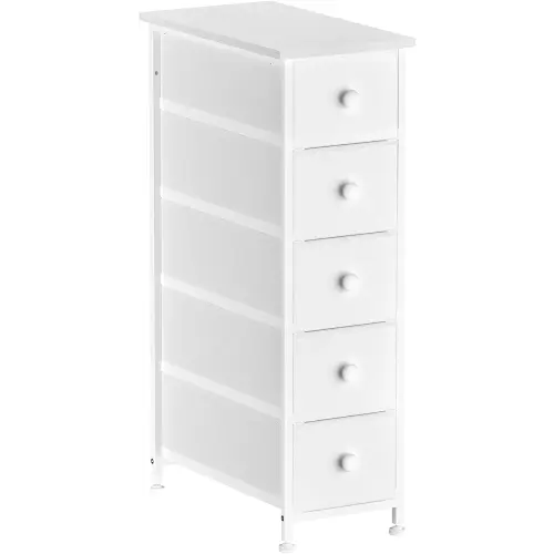 Narrow Dresser Storage Tower with 5 Removable Fabric Drawers - Slim Dresser with Steel Frame, Wood Top, Knob, White Dresser for Bathroom Organizer, Closet, Small Spaces,White Wood Texture