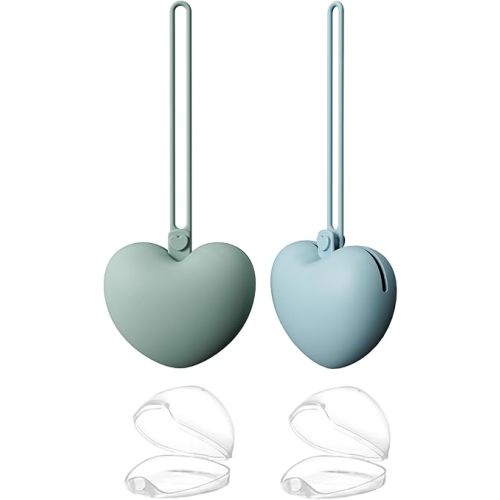 4pcs Pacifier Holder Case Set, 2pcs Silicone Portable Pacifier Pouch and 2pcs Transparent Pacifier Storage Container, Cute Heart Shape Pacifier Storage Case for Newborn Baby(Green+Blue)