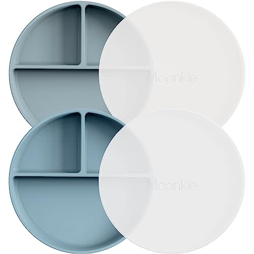 Moonkie Suction Plates for Baby | 100% Silicone BPA-Free Baby Plates with Lids and Food Cover | Divided Design | Microwave and Dishwasher Safe | Toddler Plates 2 Pack