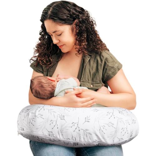 Boppy Nursing Pillow - Firm, Ergonomic U-Shaped Bottle and Breastfeeding Pillow with High Lift for Comfort and Support, Spacious Surface - Gray Gentle Leaves