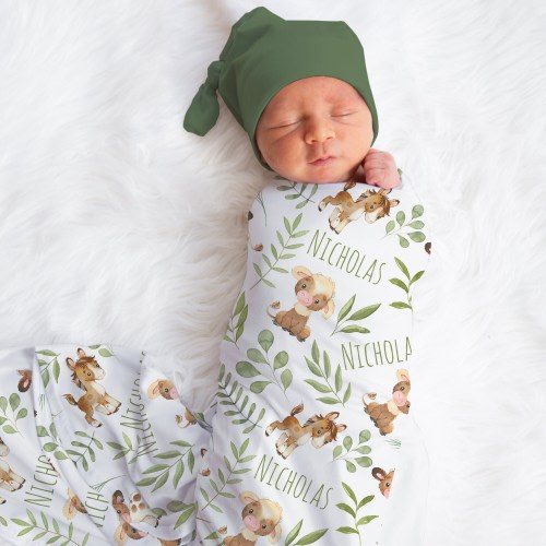 Personalized Farm Swaddle Blanket Cow Horse Name Baby Blanket Newborn Baby Boy Coming Home Outfit Hospital Photo Outfit Baby Shower Gift