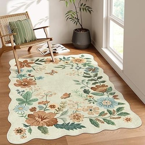 Lahome Floral Bedroom Rug,4x6 Washable Area Rugs for Living Room Dining Room, Non Slip Ultra-Thin Stain Resistant Boho Throw Carpet for Office (4x6ft,Beige)