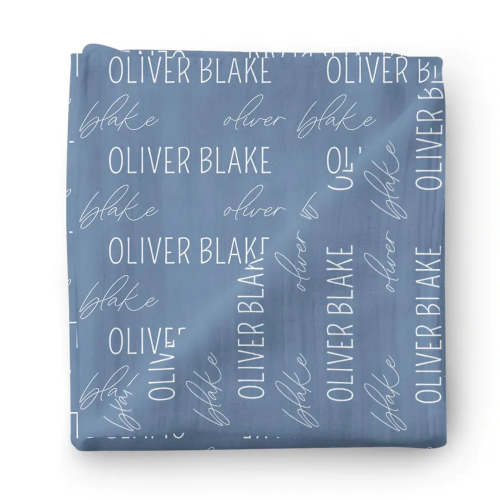 Personalized Steel Blue Baby Name Swaddle Blanket | Block Script